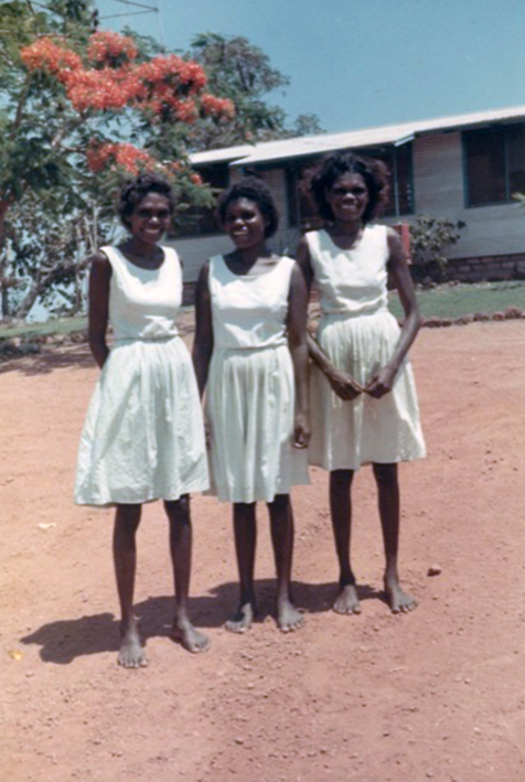 Dhuwarrwarr Marika (left) with nurses at the Yirrkala Mission Office, 1968. Photo by Jillian Moore.